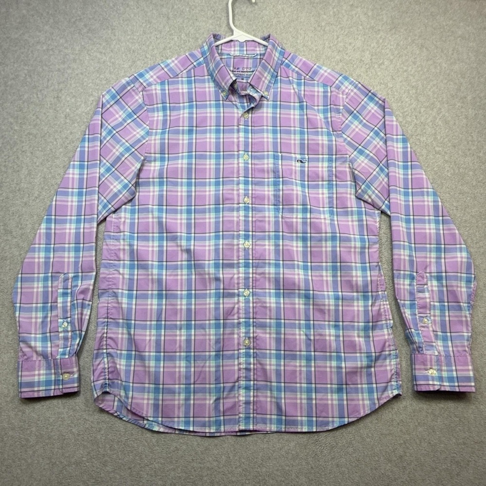 Vineyard Vines Shirt Mens Medium Purple Plaid Long Sleeve Button OTG Performance